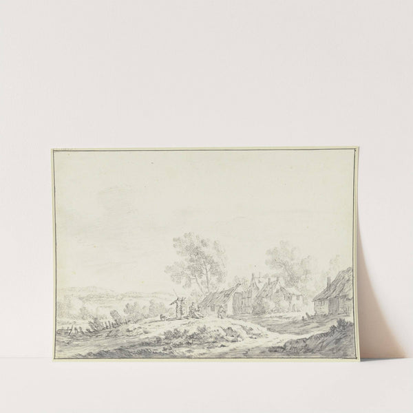 Häuser eines Dorfes in einer hügeligen Landschaft, von links führt ein Weg mit einer Gruppe von Personen über eine Anhöhe zu den Häusern by Johann Christoph Dietzsch