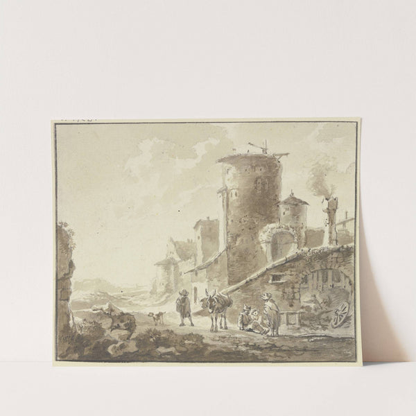 Häusergruppe mit rundem Turm und Torbogen, davor Rastende und ein Maultier by Johann Georg Wagner