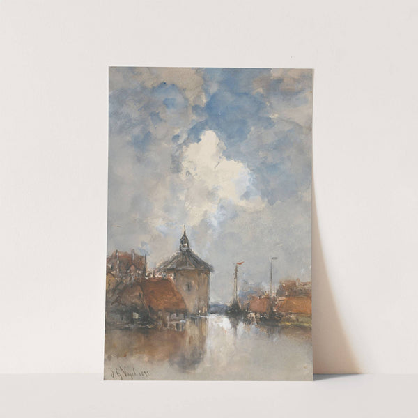 Havengezicht met schepen en een ronde toren by Johannes Gijsbert Vogel