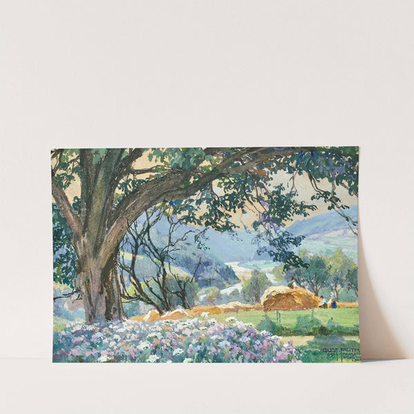 Hay harvest and flowering shrubs near Persenbeug upon Danube river (1920) by Gustav Feith