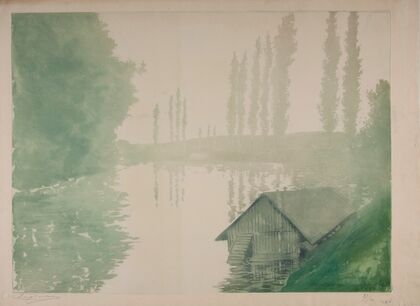 Hazy riverside landscape with poplars and a house on the water (1903–1905)