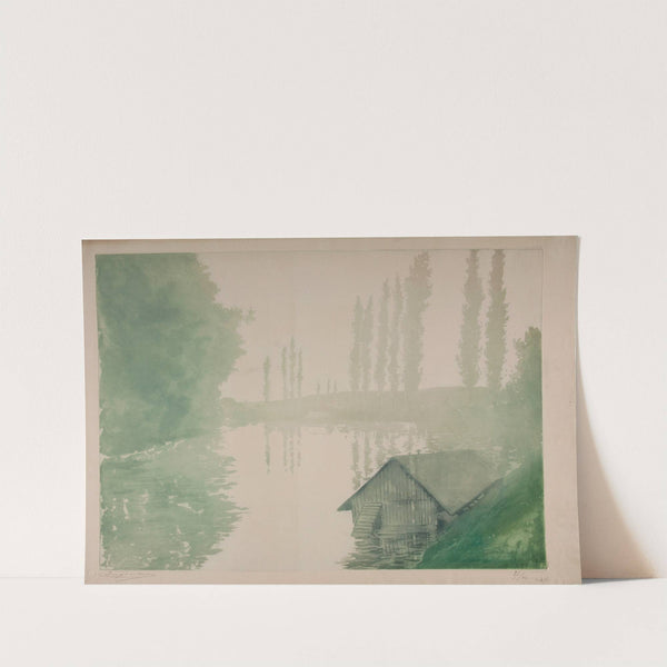 Hazy riverside landscape with poplars and a house on the water (1903–1905) by Eugène Delâtre