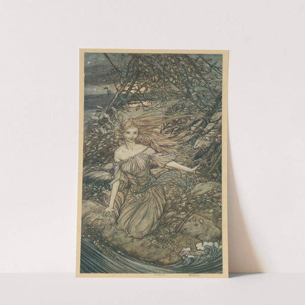 He saw by the moonlight momentarily unveiled, a little island encircled by the flood ; and there under the branches of the overhanging trees was Undine. (1912) by Arthur Rackham