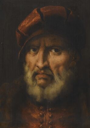 Head Of A Bearded Man, Wearing A Red Cap And Red Shirt