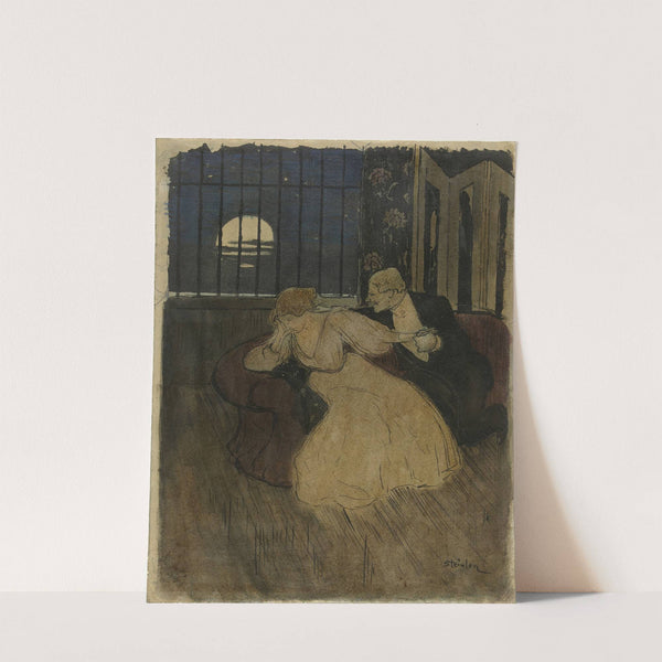 Heer in rok tracht een twijfelende dame op een sofa te overreden by Théophile Alexandre Steinlen