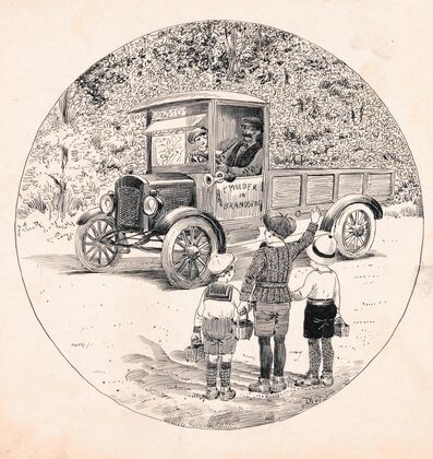 Heintje, Pim en Puck gebaren naar een vrachtauto (1925)