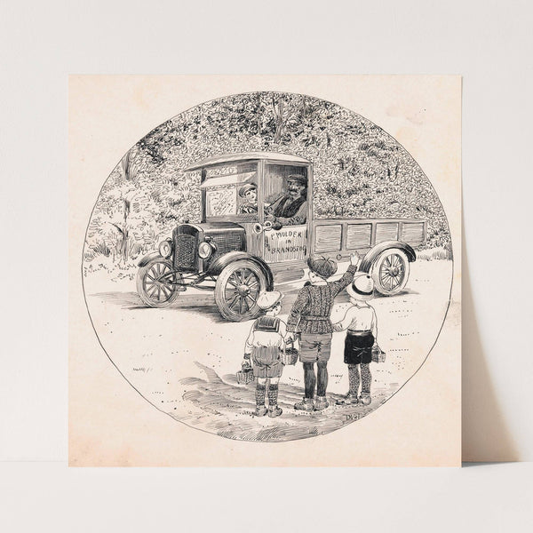 Heintje, Pim en Puck gebaren naar een vrachtauto (1925) by D. Viel