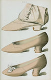 Heliotrope colored footwear ; satin boot; satin shoe with trio of steel daisies; satin bridesmaid’s shoe with silk ribbon bow