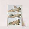 Heliotrope satin shoe with bow of the same material covering elastic strap; heliotrope silk shoe, decorated with real lace by T. Watson Greig