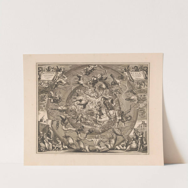 Hemelkaart met de noordelijke sterrenbeelden Haemisphaerii borealis coeli et terrae sphaerica scenographia (1660-1708) by Peter Schenk the Elder