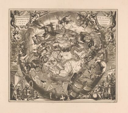 Hemelkaart met de zuidelijke sterrenbeelden Haemisphaerium scenographicum australe coeli stellati et terrae (1660-1708)