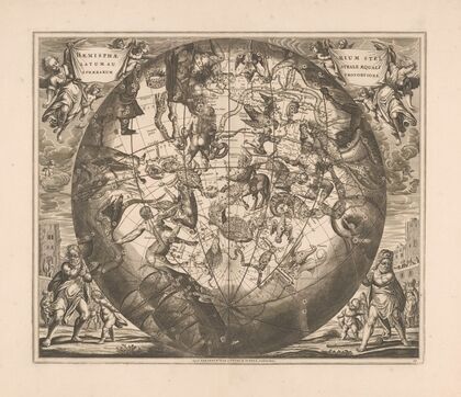 Hemelkaart met de zuidelijke sterrenbeelden Haemisphaerium stellatum australe aequali sphaerarum proportione (1660-1708)