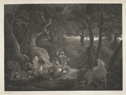 Henry IV, Part I, Act II, Scene II; The Road by Gadshill – Prince Henry, Poins, Peto, Falstaff (1803)