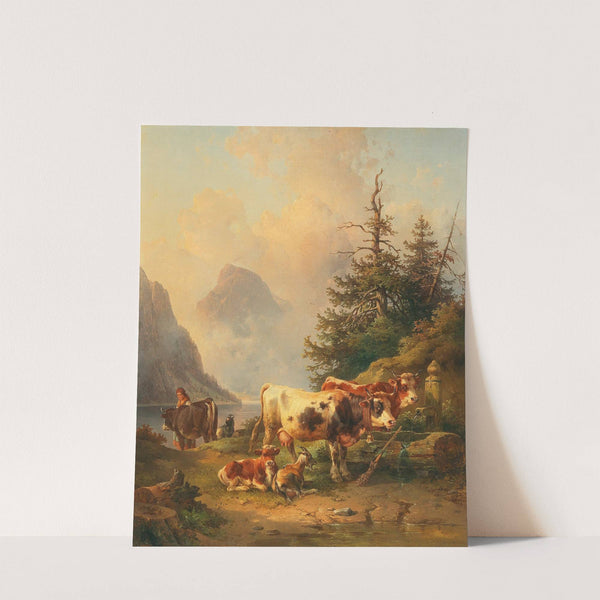 Herd of animals with shepherdess on the lakeside by Edmund Mahlknecht