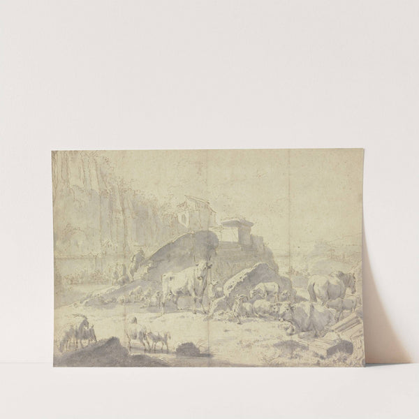 Herde von Ziegen, Schafen, Kühen und Pferden in einer italienischen Berglandschaft mit Ruinen by Johann Heinrich Roos