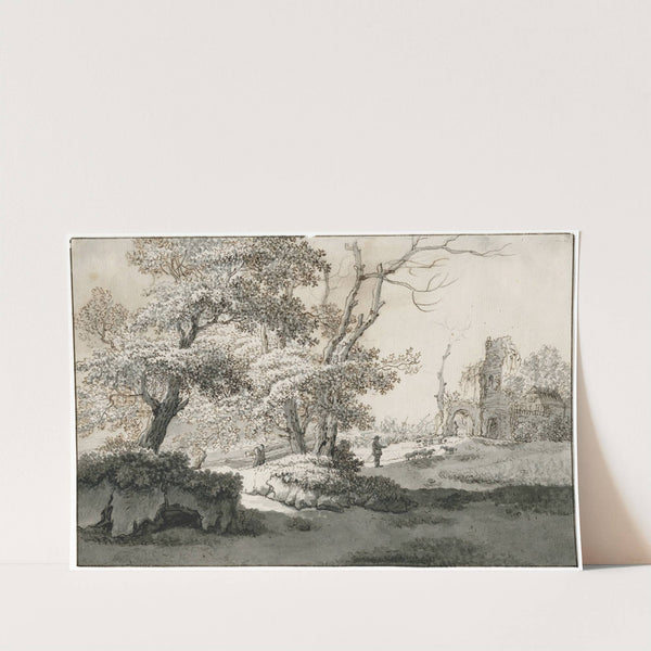Herder bij Ruïne in boomrijke omgeving by Barend Hendrik Thier