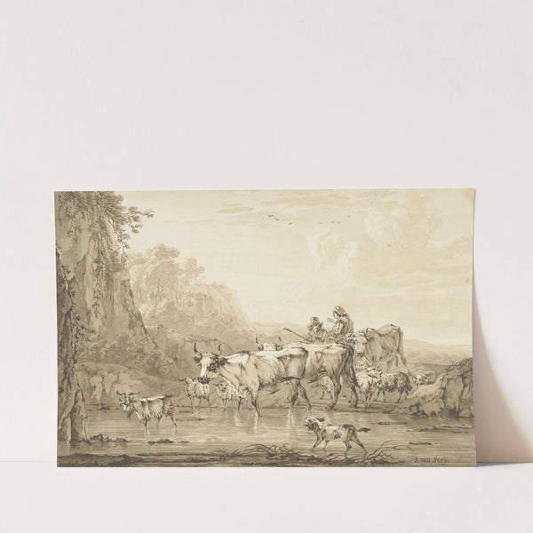 Herder en herderin met runderen en schapen bij een poel by Jacob van Strij