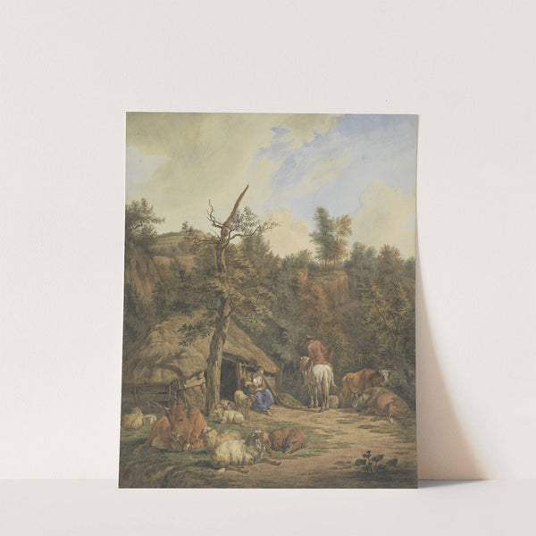 Herder, herderin en vee rustend voor een vervallen stal, after Adriaen van de Velde by Hendrik Abraham Klinkhamer