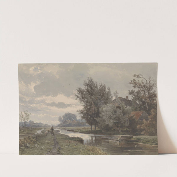 Herder met schapen bij boerderij aan water by Jan Willem van Borselen