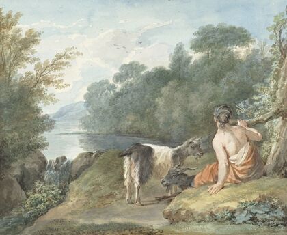 Herderin met geiten in een landschap met een meer