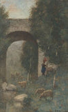 Herderin met schapen, bij een viaduct