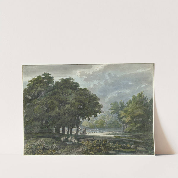 Herders met kudde in bosrijk landschap by Jacob van Liender