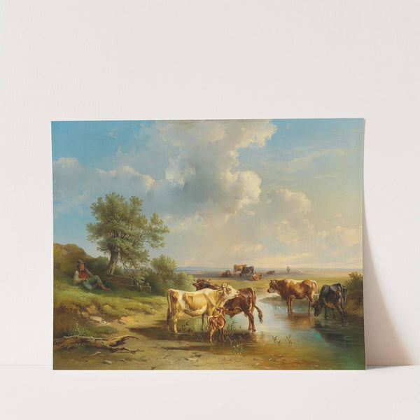 Herdsman with Herd of Cows on the Banks of the Stream by Edmund Mahlknecht