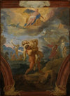 Herkules und Antäus, am Himmel Juno auf ihrem Wagen