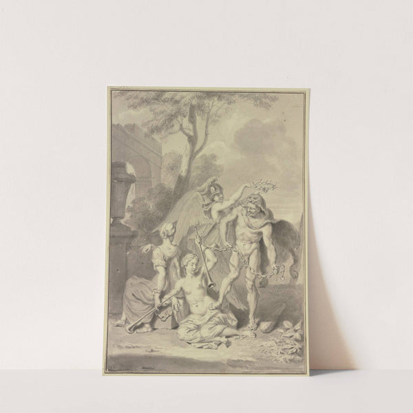 Herkules von Minerva gekrönt hält zwei gefesselte Mädchen mit Posaunen (1722) by Louis Fabricius Dubourg
