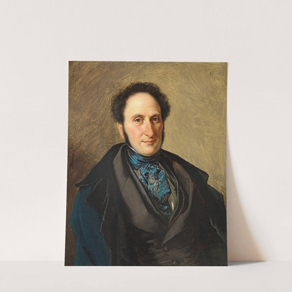 Herre i sort jakke, stort blåligt silketørklæde og blå frakke by David Monies