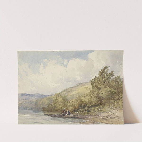 Heuvellandschap met een meer en een boot met twee figuren by William Callow