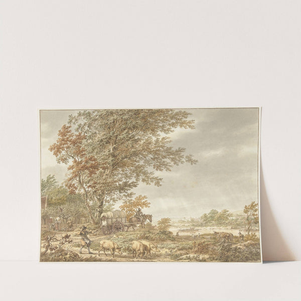 Heuvellandschap met varkenshoeder en andere stoffage, een rivier in de verte by Jacob Cats