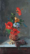 Hibiscus, Freesias, Dahlias, and Bluebells on a marble topped sideboard