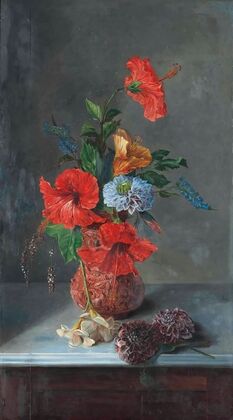 Hibiscus, Freesias, Dahlias, and Bluebells on a marble topped sideboard