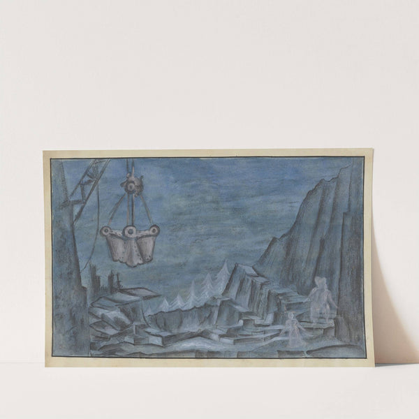 High Tor: Sketch no. 1 (White figures, trees, mining equipment on blue rocks and sky) (1934-1943) by Frederick Stover