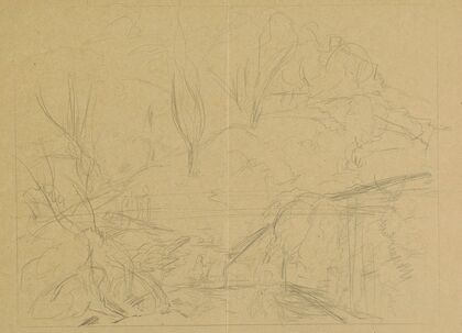 Hill overgrown with trees and shrubs; verso (Boat sailing on a mountain lake_1880 - 1920)