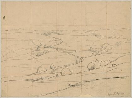 Hilly landscape with a road and trees (1880 - 1900)