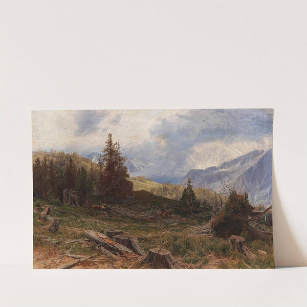 Hirsch in weiter Landschaft mit Windbruch by Heinrich Tomec