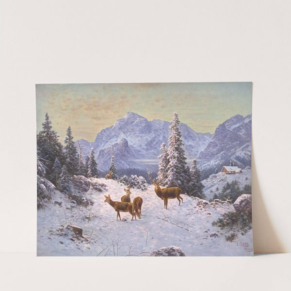 Hirsch mit Rudel im Winter by Ludwig Sckell