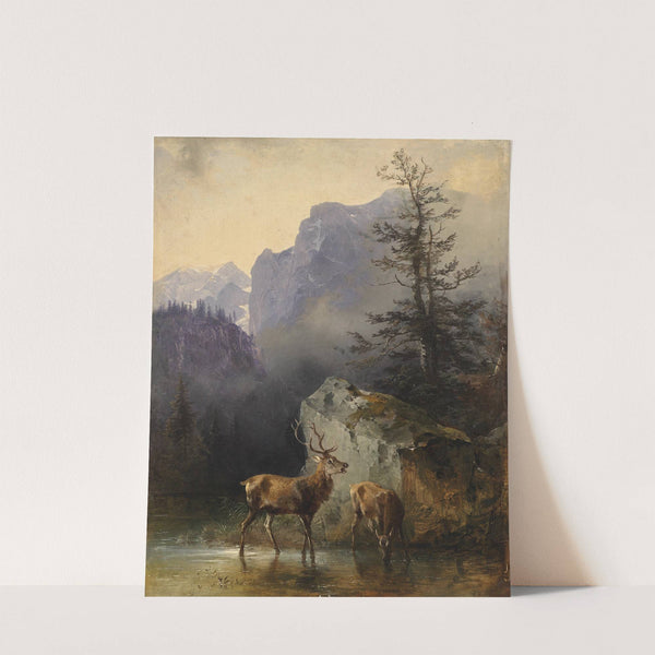 Hirsch und Tier an der Tränke by Friedrich August Matthias Gauermann