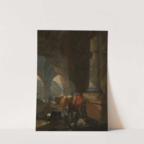 Hirt und Herde in einer Berghöhle mit antikem Mauerwerk (ca 1670) by Johann Heinrich Roos