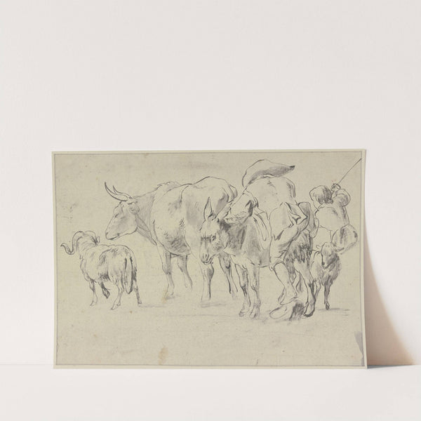 Hirte, der einen Esel besteigt, mit zwei Schafen und einer Kuh, rechts Skizze eines Hirtenbuben by Johann Heinrich Roos
