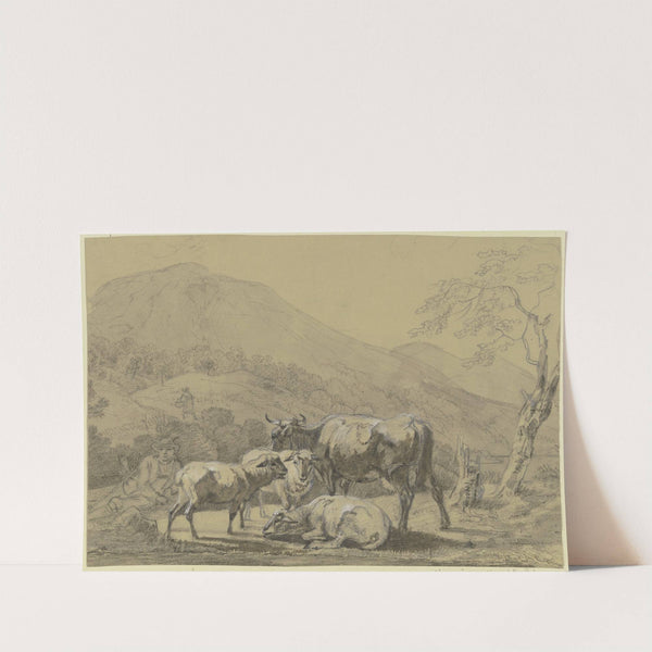 Hirte mit einer Kuh und drei Schafen in einer Gebirgslandschaft by Max Joseph Wagenbauer