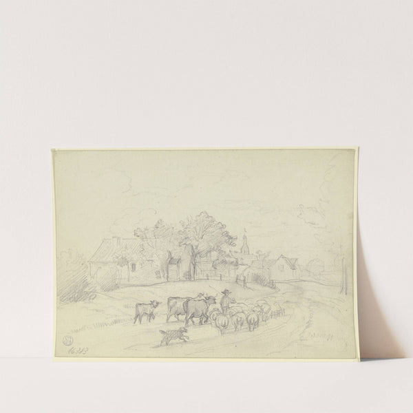 Hirte mit Herde am Dorfeingang by Otto Scholderer