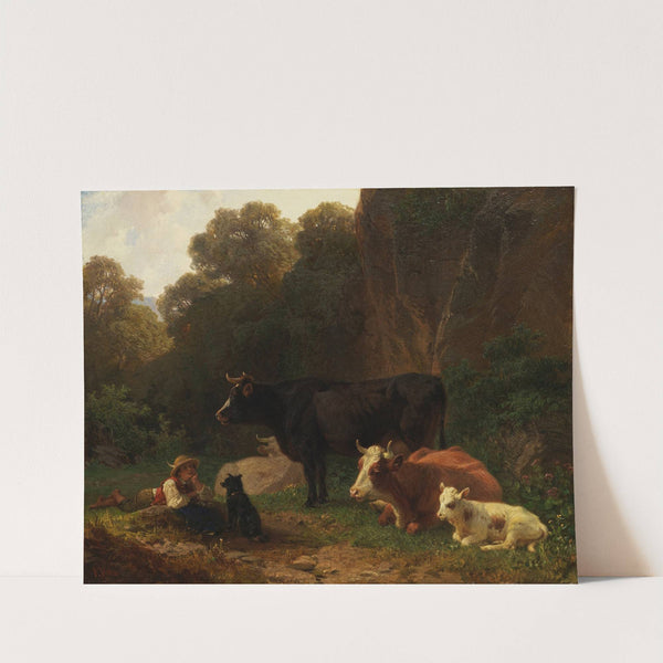 Hirtebub mit Kühen an Felsenwand by Friedrich Voltz