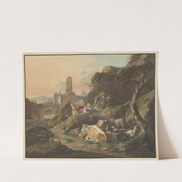 Hirten auf Felsen, eine Hirtin liegt vor einem Esel, vorn Kühe, Schafe und Ziegen, im Hintergrund Ruinen mit einer Brücke by Johann Friedrich Morgenstern