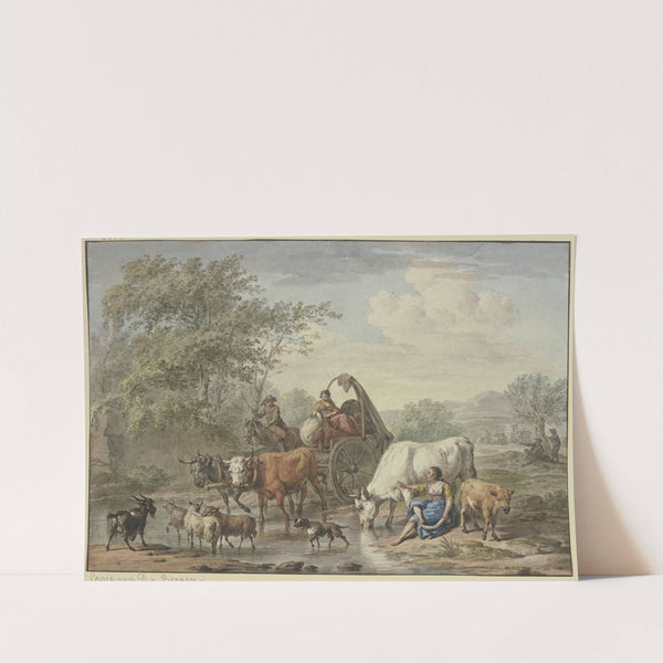 Hirten fahren mit einem Wagen durchs Wasser, rechts eine Hirtin, die sich die Füße wäscht, bei einer weißen Kuh by Aert Schouman