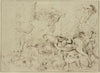 Hirten mit Pferd, Esel und Schafherde in einer Felsenlandschaft