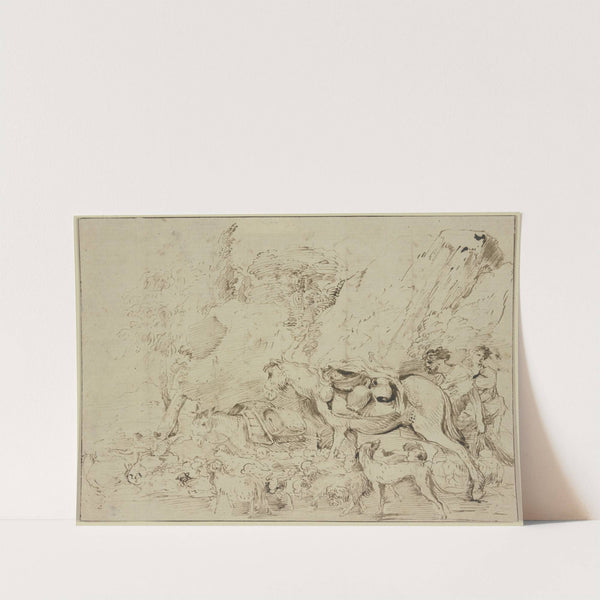 Hirten mit Pferd, Esel und Schafherde in einer Felsenlandschaft by Giovanni Benedetto Castiglione