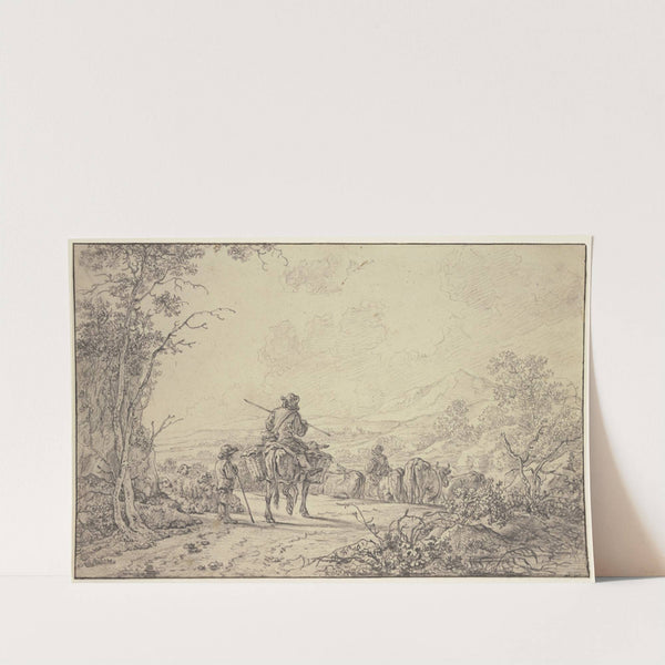 Hirten mit Rinder- und Schafherde in hügeliger Landschaft by Abraham Van Strij